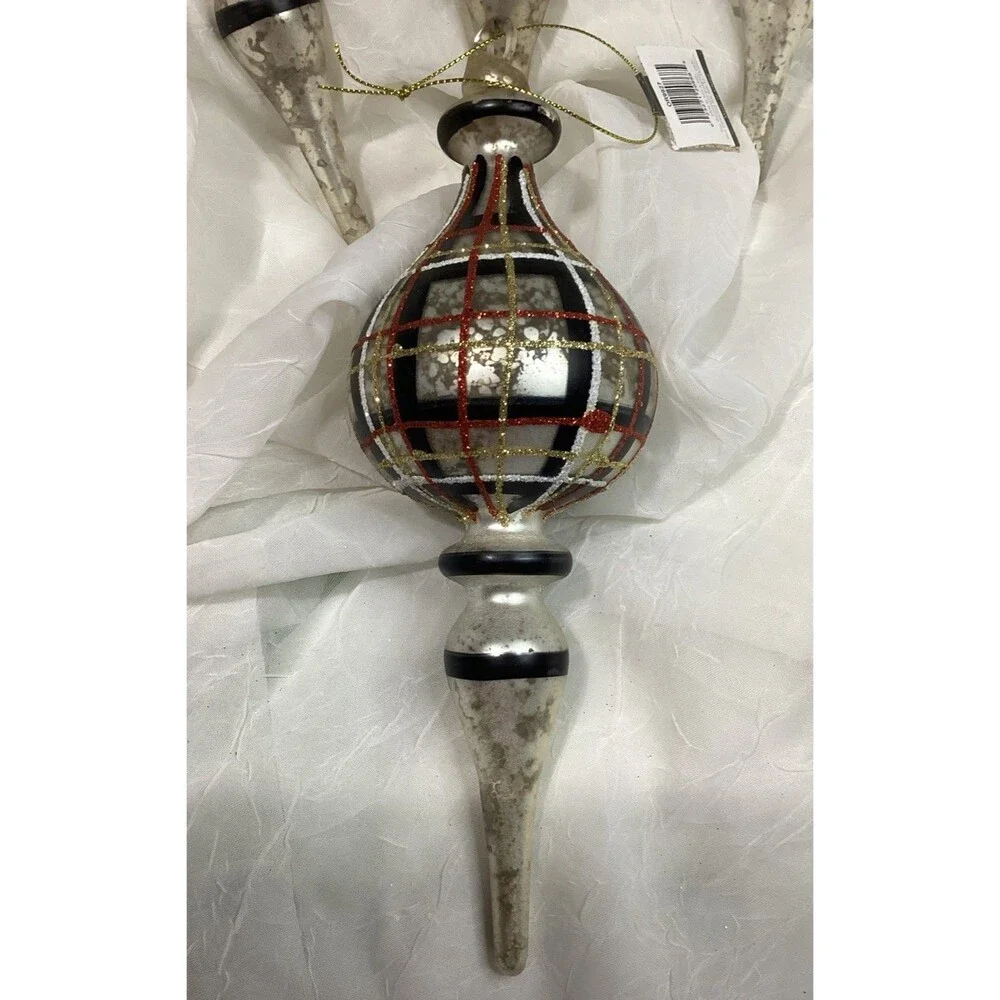Mercury Glass Finial Christmas Plaid Ornaments X4 Black, Red, Gold & Silver 9